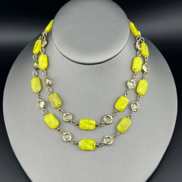 Yellow Swirl Glass Bead Crystal Gold-tone 2-strand Necklace UV Reactive GLOW VTG - Picture 10 of 16